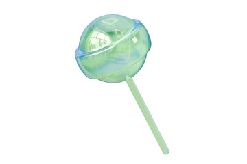 3d Sweet cute hologram glassed lollipop icon on stick in cartoon style. sweet candy. Single glossy green round candy on blue background. Minimal candy lollipop creative style for web design. 3d render