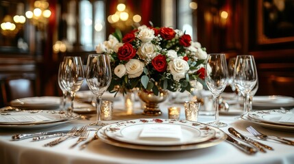 Elegant table setting, flowers centerpiece, formal dinner.