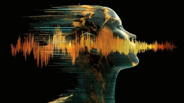 Abstract portrait of a woman with a sound wave emanating from her mouth against a black background, signifying communication, and the power of the human voice