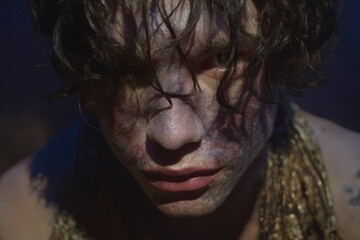 Close-up portrait of a man with textured skin, wet and shadowed face, curly hair falling over intense eyes, evoking vulnerability, depth, and inner turmoil in dramatic lighting.