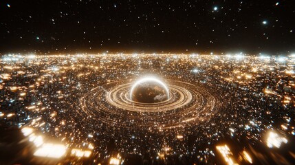 Glowing city orbiting a ringed planet, space background, sci-fi concept art