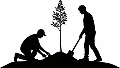 Gardener planting a small tree with shovel, nurturing nature