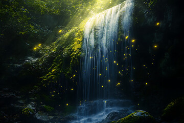 A scenic waterfall surrounded by lush green foliage and glowing fireflies in the forest