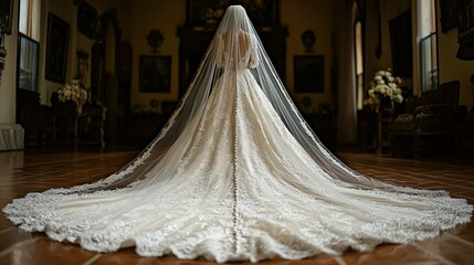 Elegant wedding gown with a long veil.  A bride stands in a grand hall, showcasing a stunning, lace-detailed gown and a voluminous veil