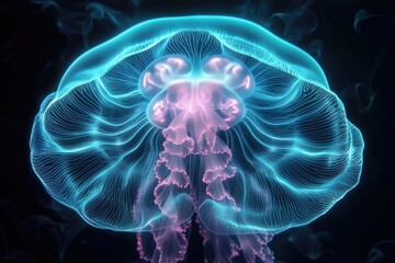 Fototapeta premium A mesmerizing bioluminescent jellyfish, ethereal and graceful, pulsates in the dark ocean depths.