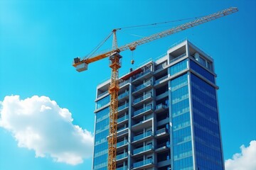 Close-up Image of Modern Building Under Construction with Clear Blue Sky Background