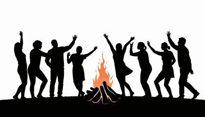 Joyful celebration around bonfire silhouette at night, unity and harmony