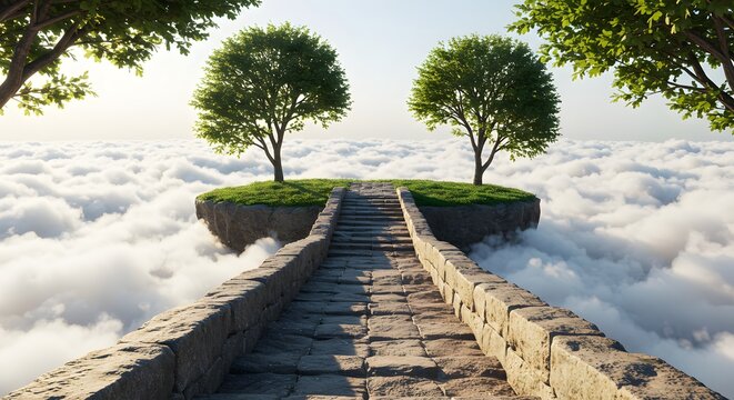 Surreal Stone Path Through Clouds to Floating Islands with Trees