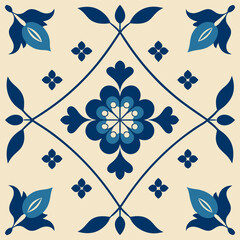 Seamless Vintage Floral Tile Pattern – Indigo Blue Botanical Vector on Cream Background