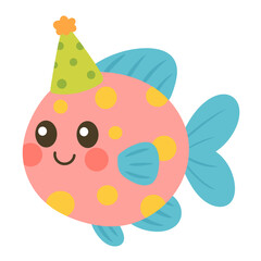 Happy pink cartoon fish with party hat, blue fins and yellow spots, isolated on transparent background.