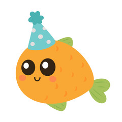 Cute cartoon fish wearing party hat, isolated on transparent background.