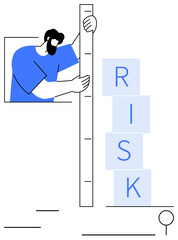 Individual holding a tall ruler assessing risk level beside stacked blocks. Ideal for evaluation, safety, strategy, management, decision-making, analytics, planning. Minimalist flat simple metaphor