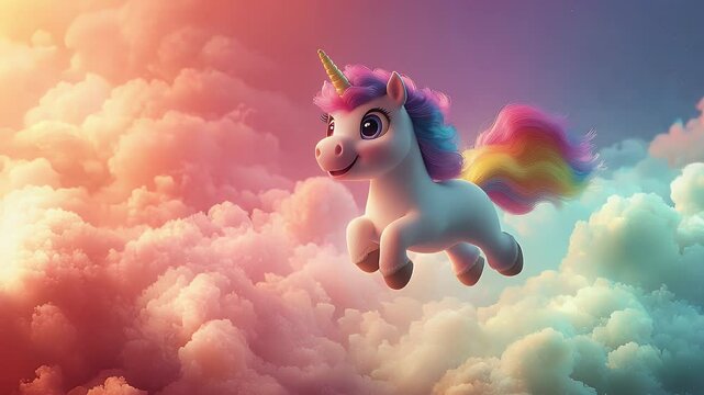 Flying unicorn in cloudy sky
