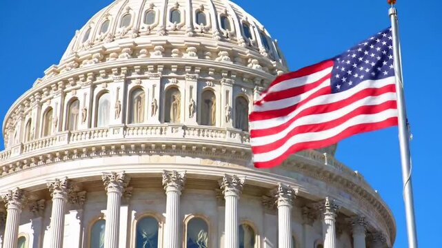 US Capitol building with American flag flying high. Historic dome and patriotic flag in detailed architecture. Grand American flag over iconic Capitol design.