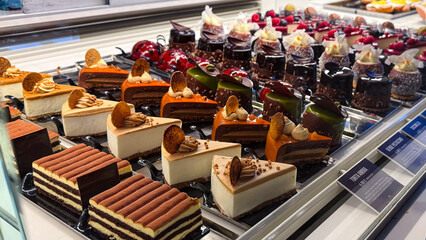 Exquisite display of assorted gourmet cakes with vibrant colors and intricate designs showcasing culinary artistry and indulgent dessert experience