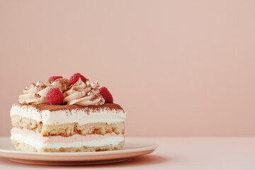 A delightful tiramisu cake layered with cream and topped with fresh raspberries, set against a soft pink background, perfect for dessert lovers and special occasions.