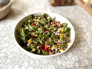 Purslane salad with cheese balls and olives inside. Healthy diet salad.
