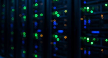Abstract Data Center Background with Blinking LED Bokeh Lights