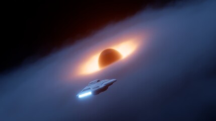 A realistic depiction of a black hole with a spaceship in the center.