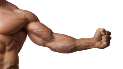 Muscular arm flexing with visible veins and clenched fist isolated on transparent background	