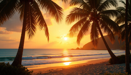 A serene tropical beach at sunset, with palm trees silhouetted against a golden sky and gentle waves.