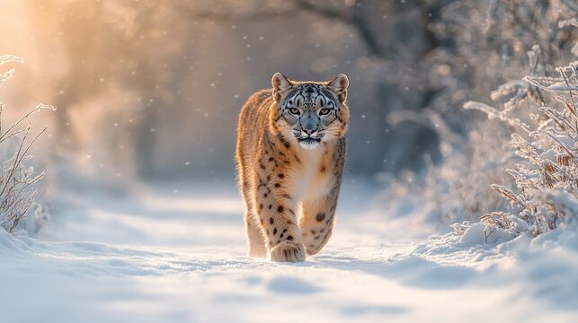 Majestic snow leopard strolls through a snowy landscape