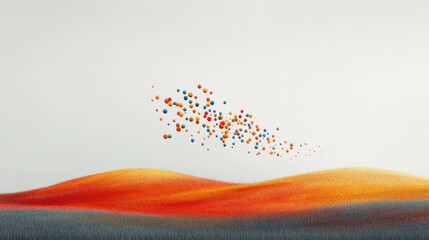 An abstract scene showing colorful elements rising above a dull, gray field, symbolizing creative ideas coming from the minority