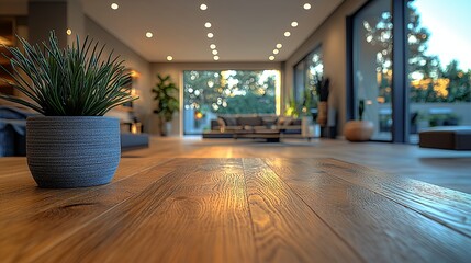 Luxurious interior with wooden floor, plant and open living space, flooded with natural light