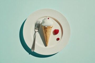 A delightful image showcasing a single ice cream cone topped with whipped cream and a cherry, styled elegantly on a clean white plate against a soft pastel background.