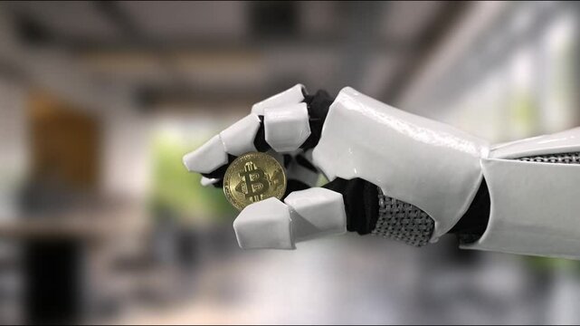 A robotic hand showcases a Bitcoin coin in a modern office, illustrating the fusion of technology with finance, highlighting innovation in digital currency solutions. MZL