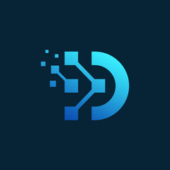 Modern Blue Digital Letter D Logo with Network Connection