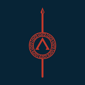 Ancient Warrior Symbol with Spartan Lambda, Spear, and Meander