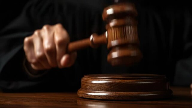 Wooden gavel strikes soundly in a courtroom setting, emphasizing authority and justice during proceedings