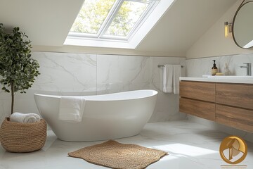 Elegant modern bathroom featuring a freestanding tub and natural light in a serene attic setting during daylight hours