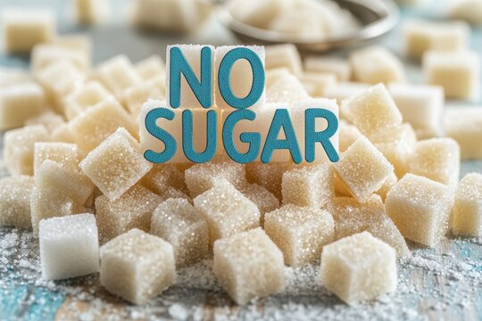 Sugar alternatives promote healthy living with no sugar cubes in focus on wooden table