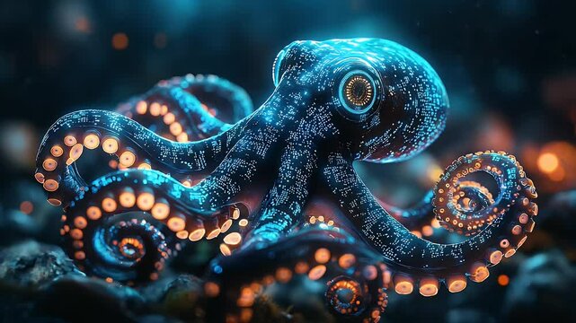 Glowing digital octopus underwater