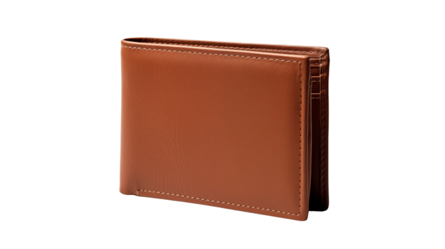 A tan leather wallet stands upright isolated on transparent background	
