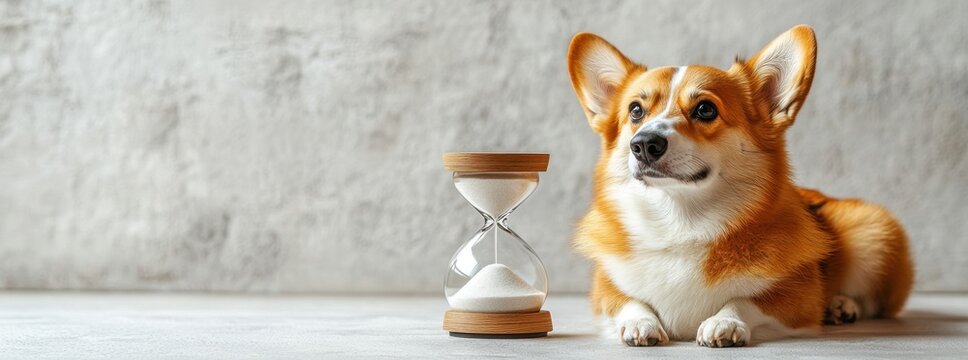 Corgi resting next to an hourglass in a minimalistic setting during daytime