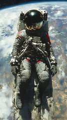 Fototapeta premium Astronaut in space suit, seated, overlooking Earth