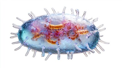 Detailed scientific illustration of single prokaryotic bacterial cell clearly visible component like nucleoid ribosome cell wall plasma membrane flagellum rendered sterile minimalistic 3D style white