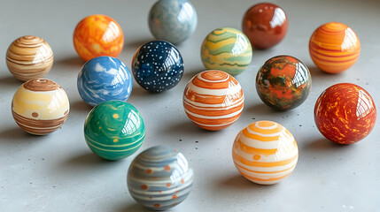 Fototapeta premium Colorful, spherical planets, crafted with various patterns, textures, and colors, evoking a miniature solar system
