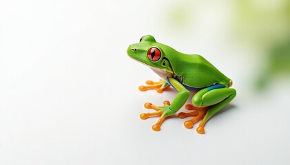 Obraz premium Green tree frog perched on white, vibrant skin, green frog, fauna