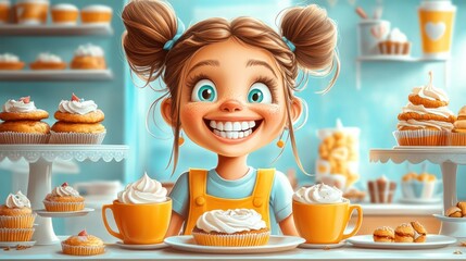 A caricature of a girl with a big head at a cafe table surrounded by giant coffee cups and cakes.