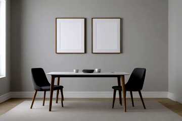 Dining area with table chairs and two framed blank canvases on a gray wall in a modern interior