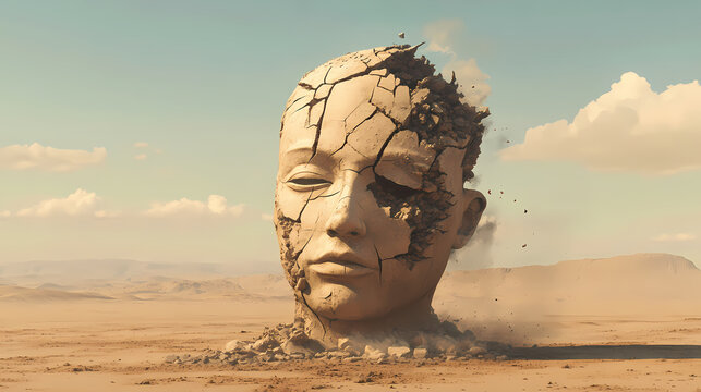 A crumbling statue of a human head in the middle of a desolate desert, symbolizing mental destruction. [Corroded Realms] | Crumbling Statues | broken forms. Illustration