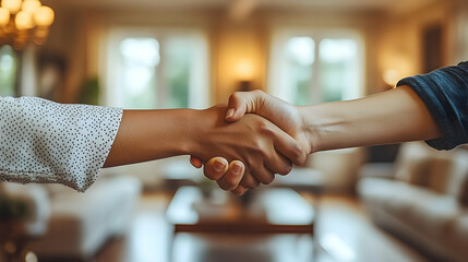 Two people shaking hands in a home. Close-up of a friendly agreement