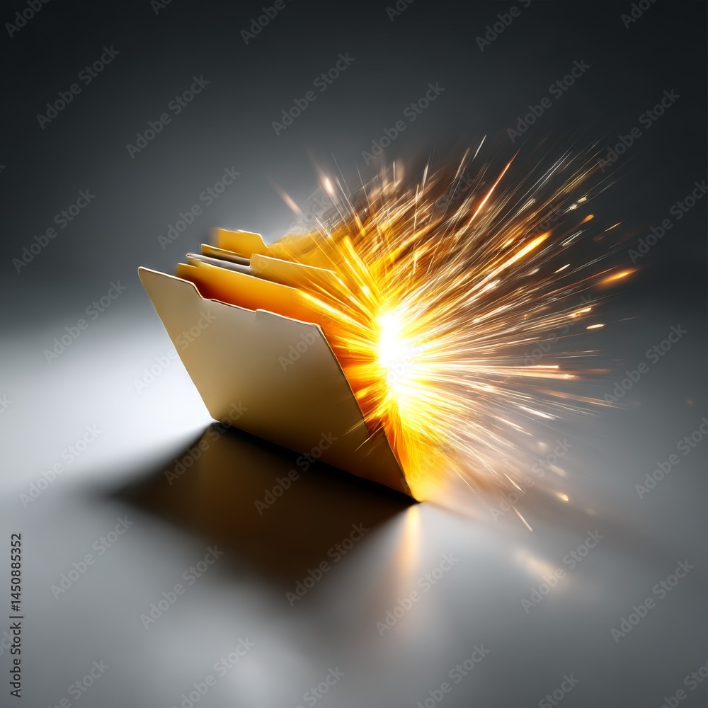 Fototapete explosive data: a folder unleashing information with bright light and glowing radiance on a dark bac