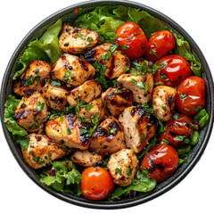Fresh grilled chicken salad with tomatoes - top view photography. Isolated on transparent background, png.