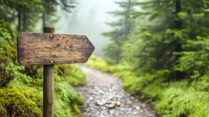 A rustic wooden sign pointing to a hiking trail