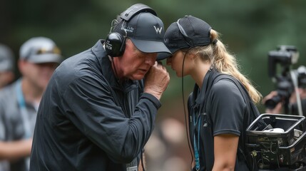Coach whispering strategy to athlete golf course realistic photograph outdoor close-up mentorship moment